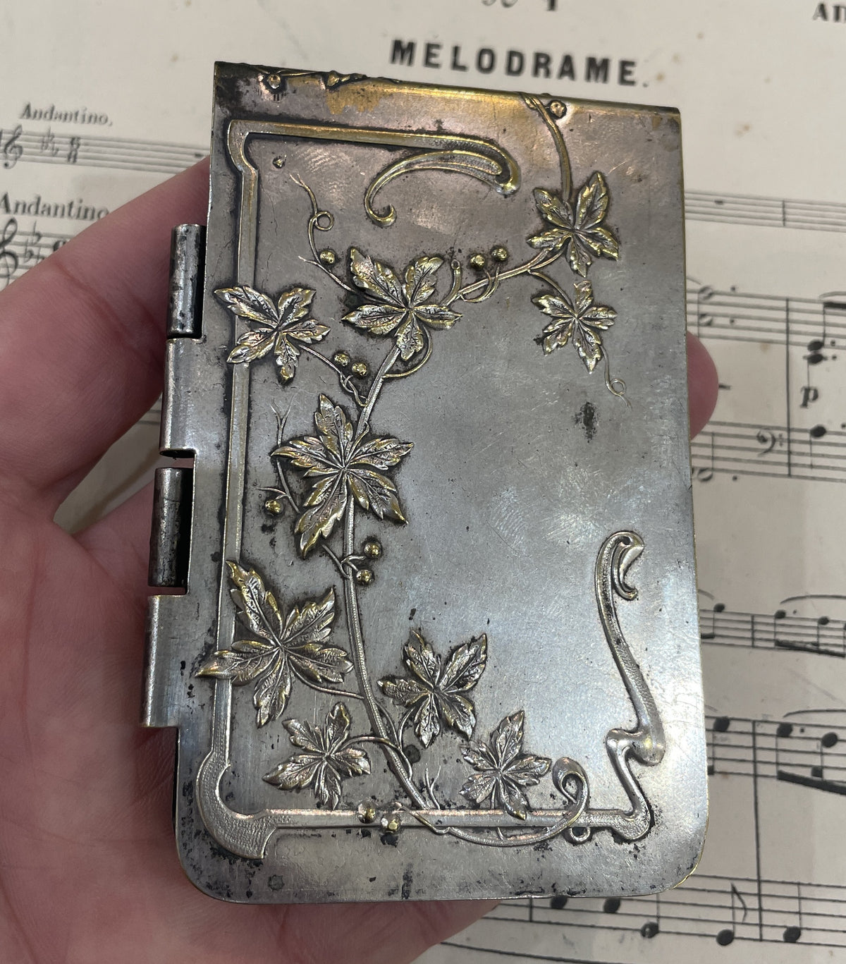 Large Antique French Art Nouveau Silver Plated Dance Card Mistletoe ND de Paris c1900