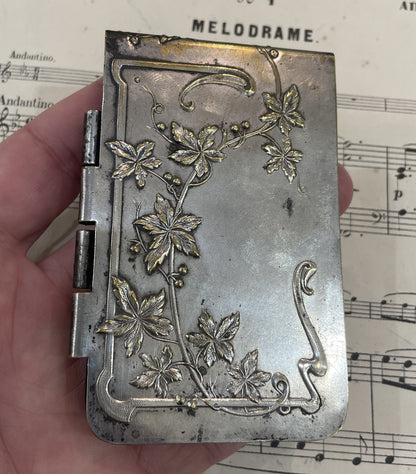 Large Antique French Art Nouveau Silver Plated Dance Card Mistletoe ND de Paris c1900