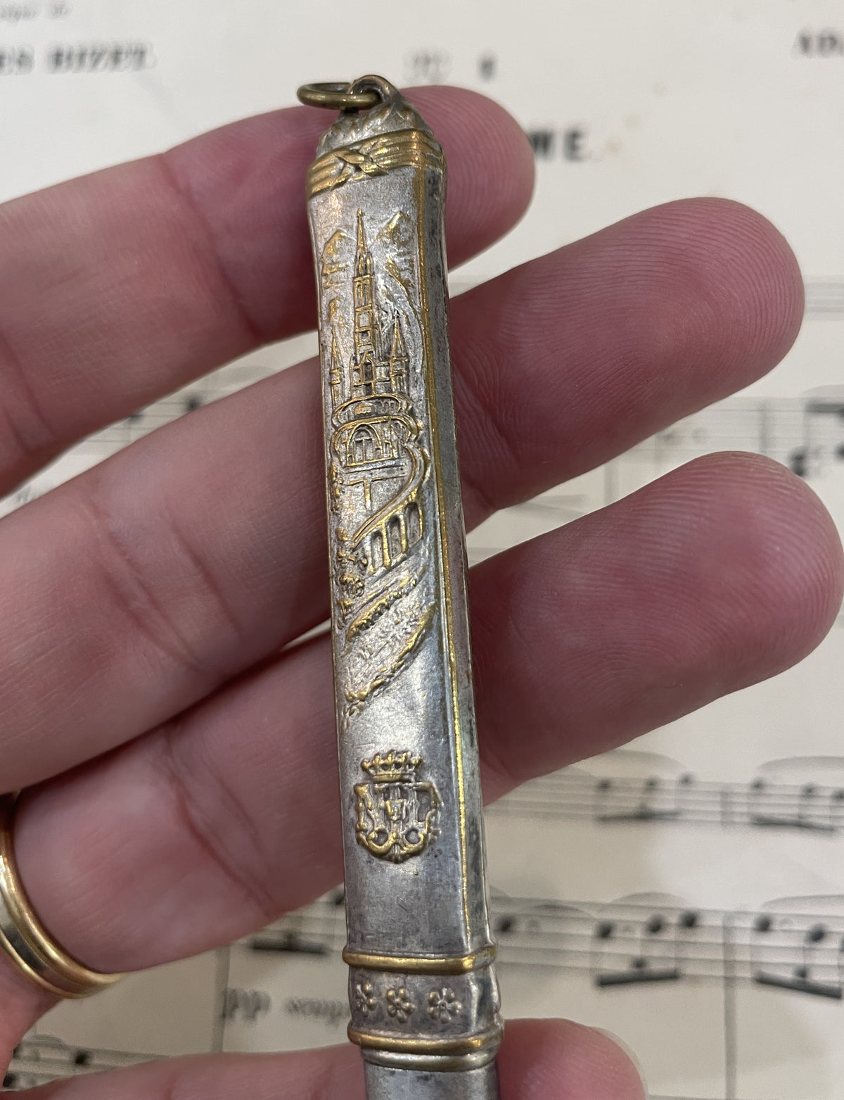 Antique French Art Nouveau Silver Plated Pencil ND de Lourdes 1920