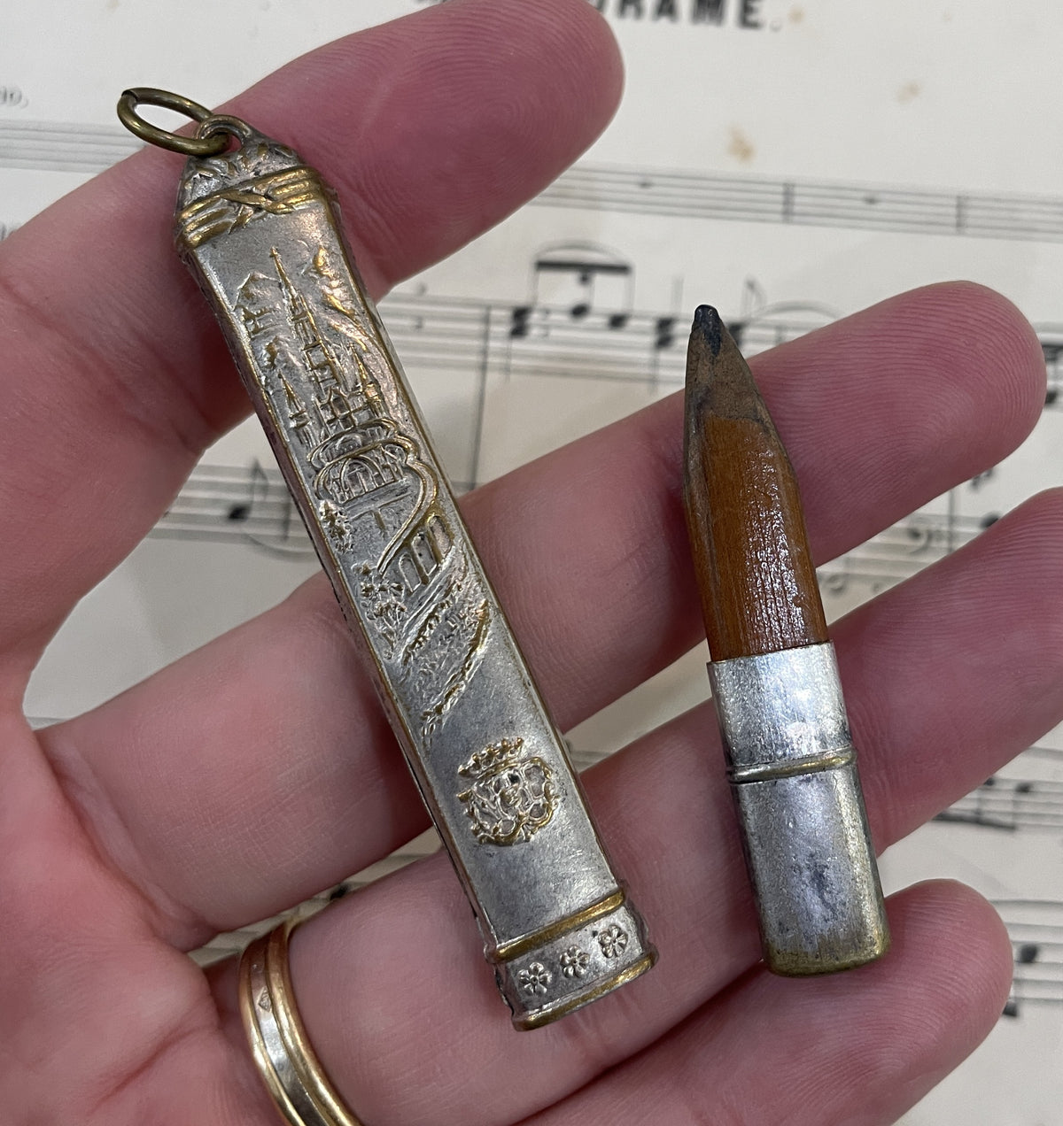 Antique French Art Nouveau Silver Plated Pencil ND de Lourdes 1920