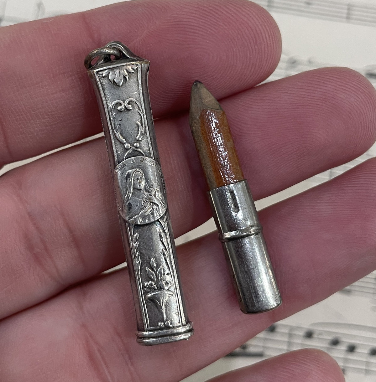 Antique French Art Nouveau Silver Plated Pencil St Therese of Lisieux 1920