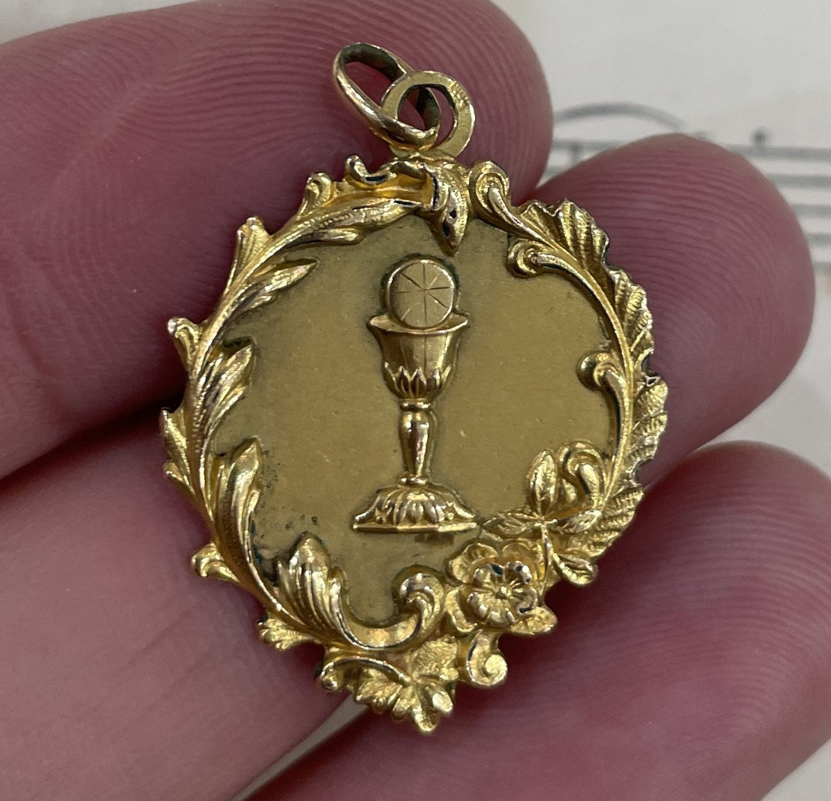 Antique French Gold-Filled First Communion Chalice Religious Medal c1900