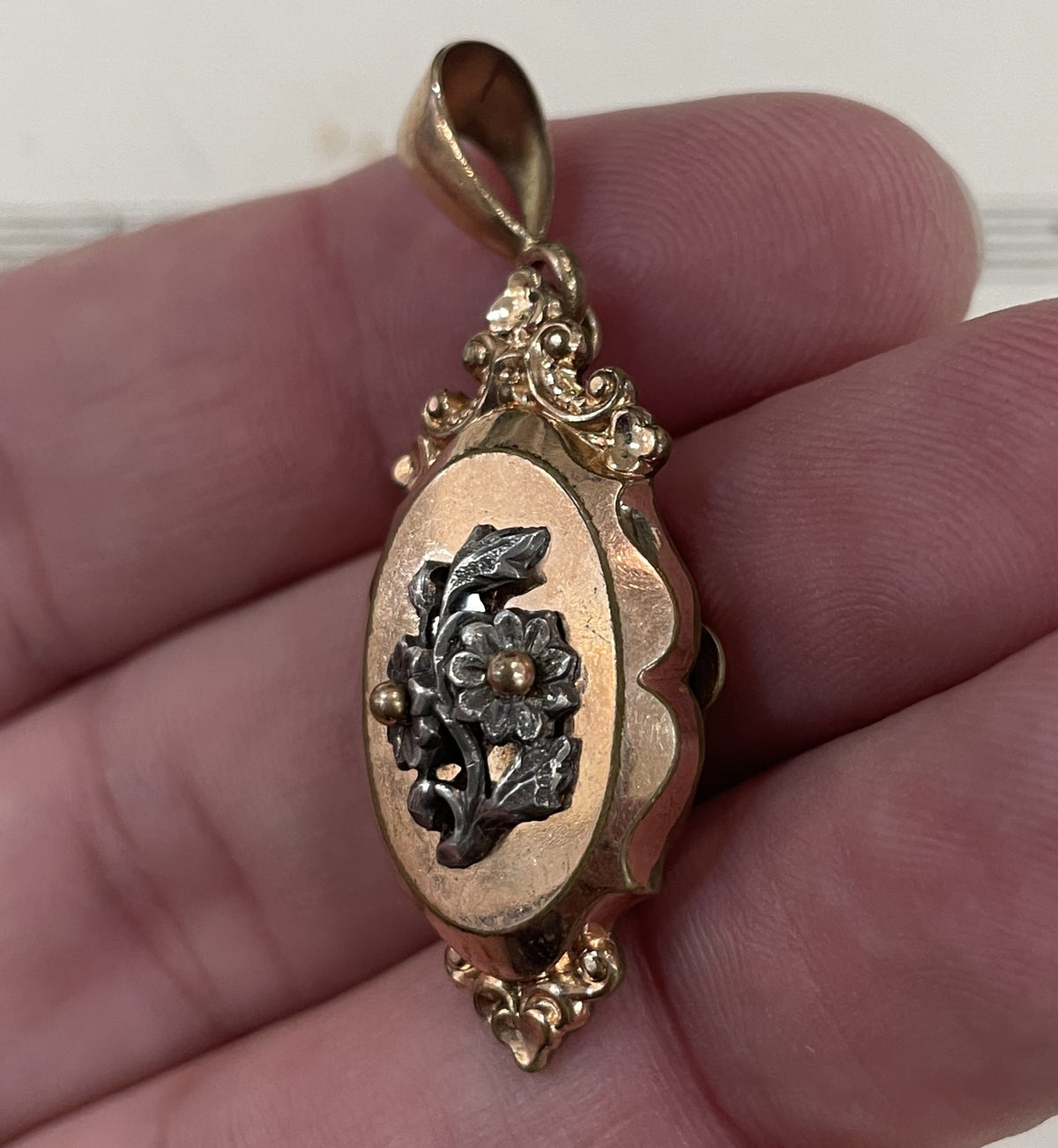 Antique French Art Nouveau Rose Gold Plated Locket Pendant Flower c1900