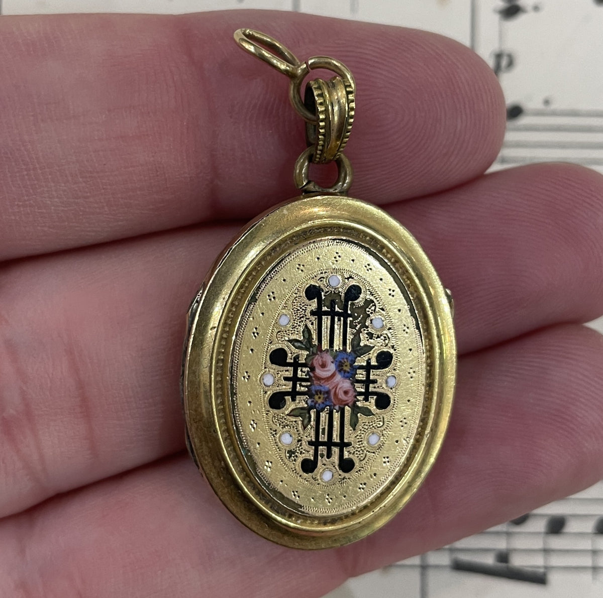 Antique French Art Nouveau Gold Plated Enameled Locket Pendant Flower c1900