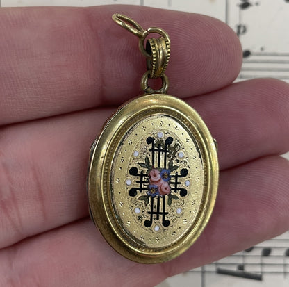 Antique French Art Nouveau Gold Plated Enameled Locket Pendant Flower c1900