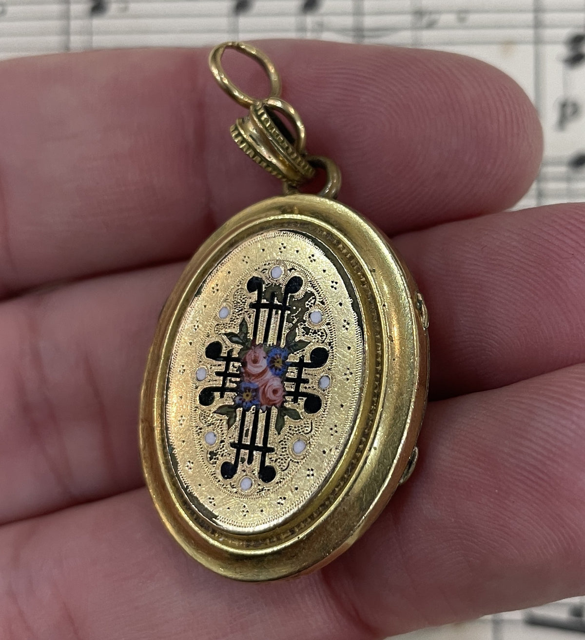 Antique French Art Nouveau Gold Plated Enameled Locket Pendant Flower c1900