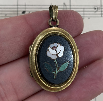 Antique Italian Art Nouveau Gold Plated Locket Pendant Pietra Dura Flower c1900