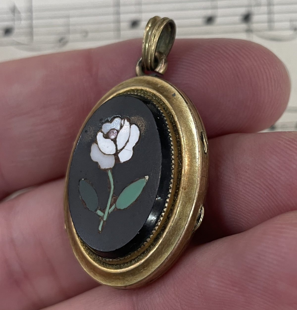 Antique Italian Art Nouveau Gold Plated Locket Pendant Pietra Dura Flower c1900