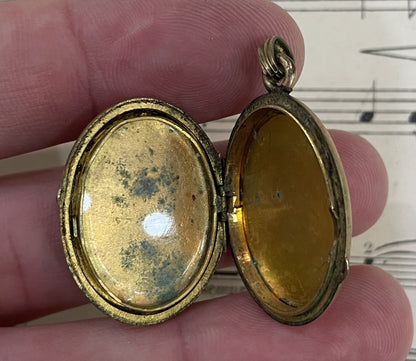 Antique Italian Art Nouveau Gold Plated Locket Pendant Pietra Dura Flower c1900