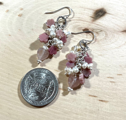 Pink heart and blossom gemstone earrings