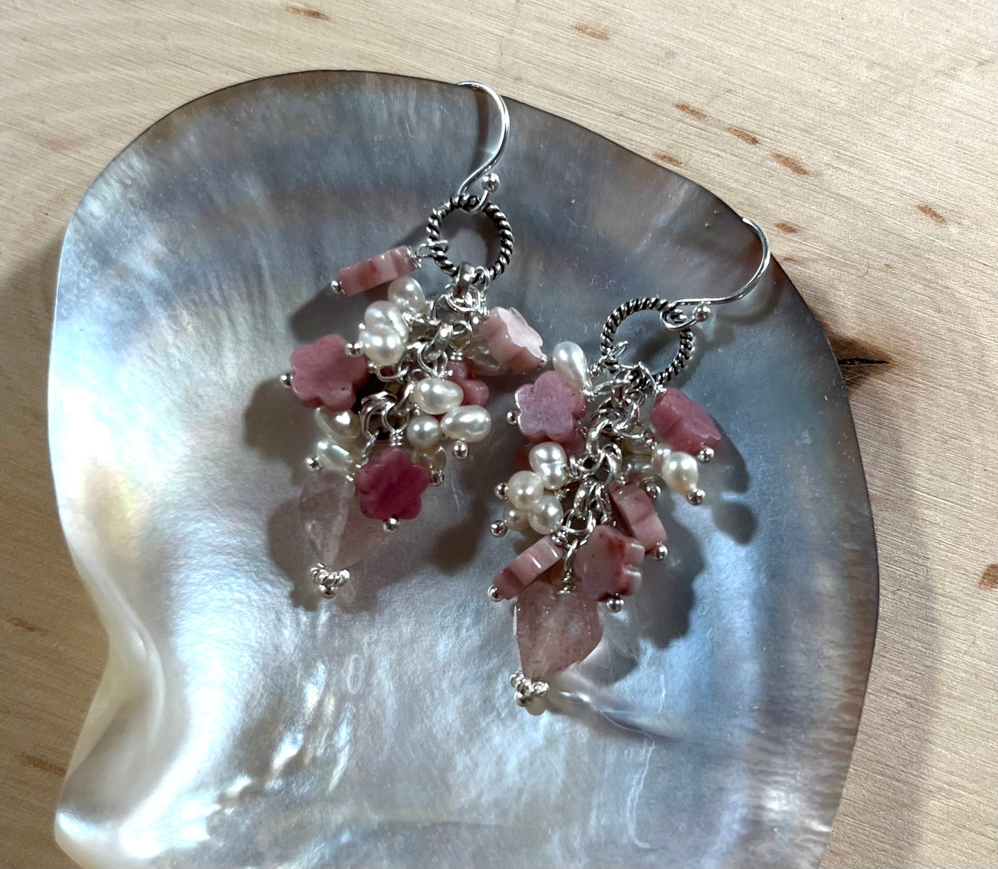 Pink heart and blossom gemstone earrings