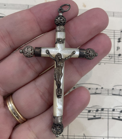 Antique French Sterling Silver Mother of Pearl Cross Crucifix Pendant c1900