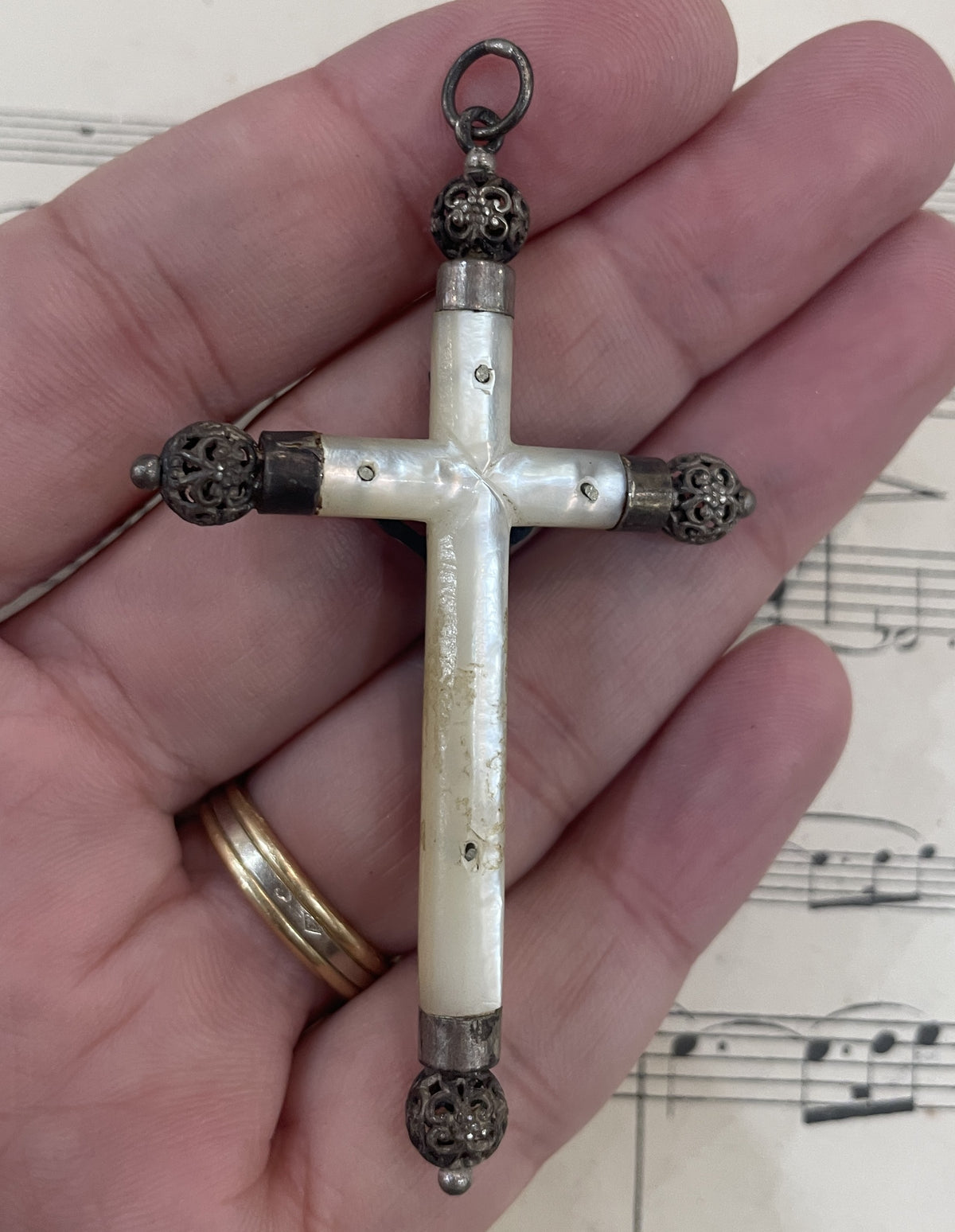 Antique French Sterling Silver Mother of Pearl Cross Crucifix Pendant c1900