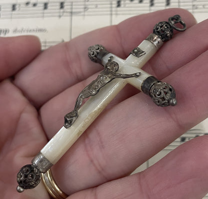 Antique French Sterling Silver Mother of Pearl Cross Crucifix Pendant c1900
