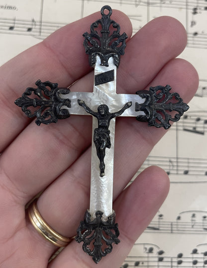 Antique French Sterling Silver Mother of Pearl Cross Crucifix Pendant  c1900