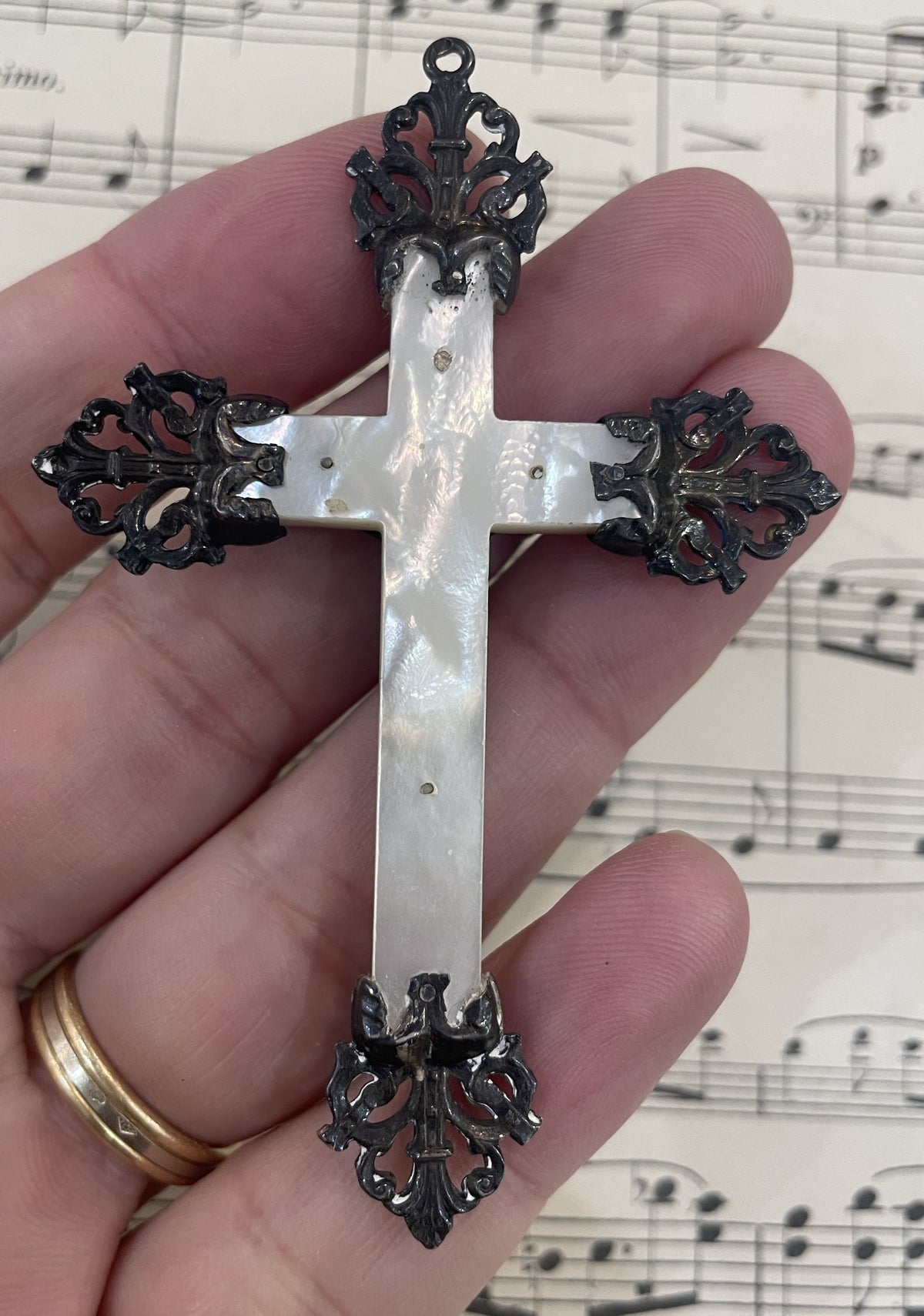 Antique French Sterling Silver Mother of Pearl Cross Crucifix Pendant  c1900