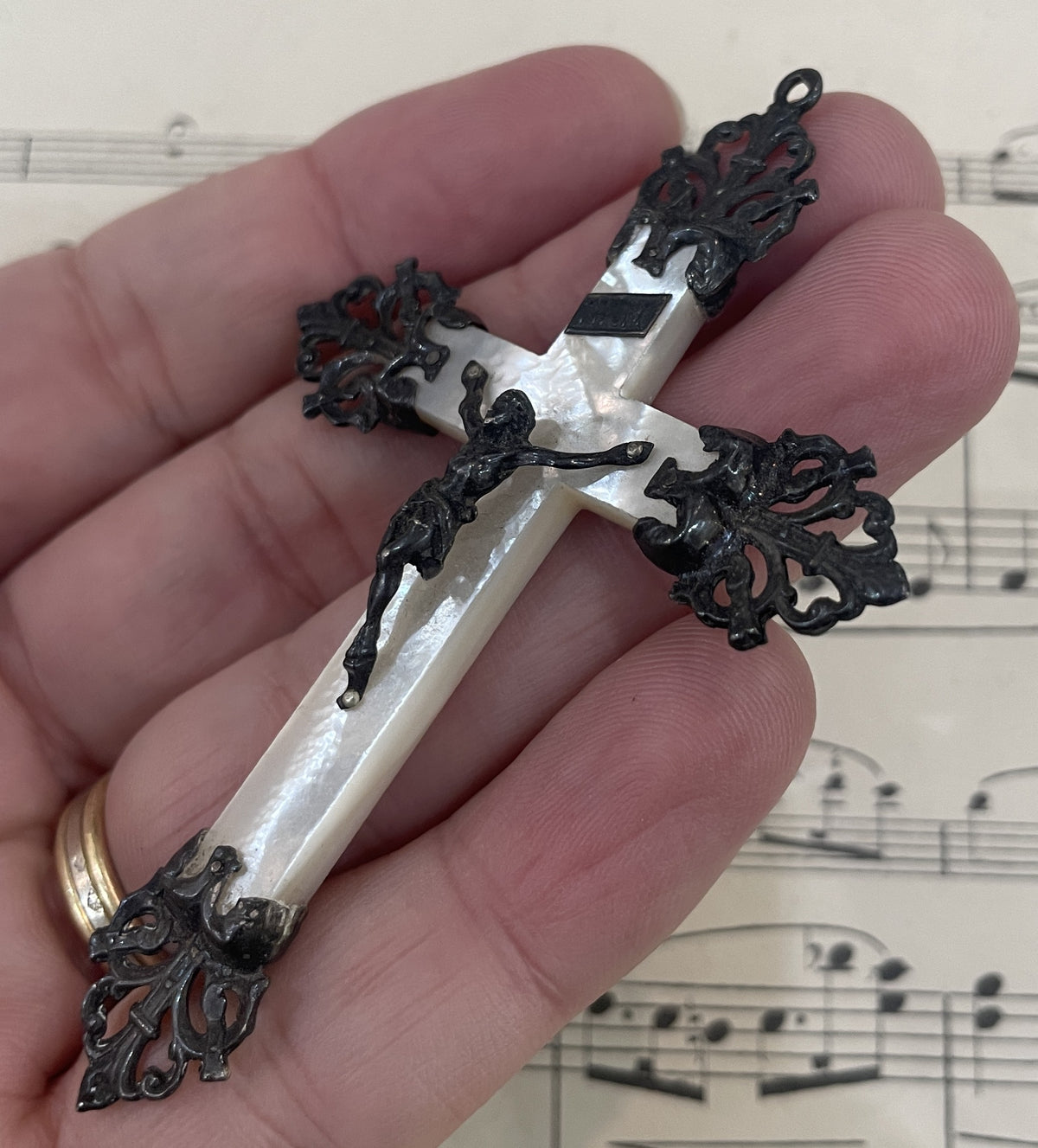 Antique French Sterling Silver Mother of Pearl Cross Crucifix Pendant  c1900