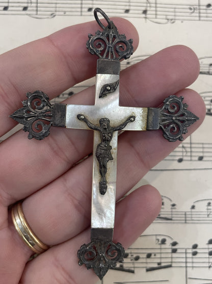 Antique French Sterling Silver Mother of Pearl Cross Crucifix  Pendant  c1900