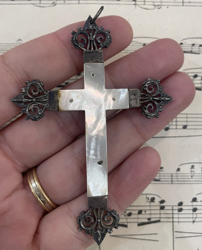 Antique French Sterling Silver Mother of Pearl Cross Crucifix  Pendant  c1900