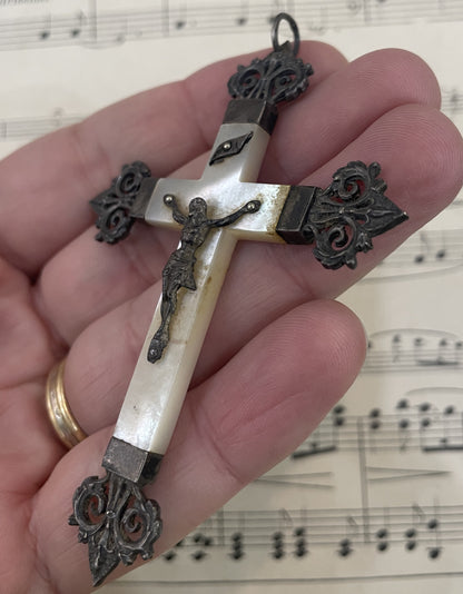 Antique French Sterling Silver Mother of Pearl Cross Crucifix  Pendant  c1900