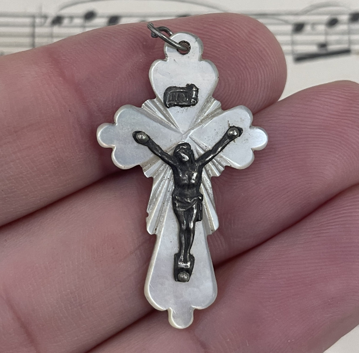 Antique French Sterling Silver Mother of  Pearl Cross  Crucifix Pendant c1900