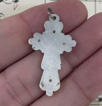 Antique French Sterling Silver Mother of  Pearl Cross  Crucifix Pendant c1900