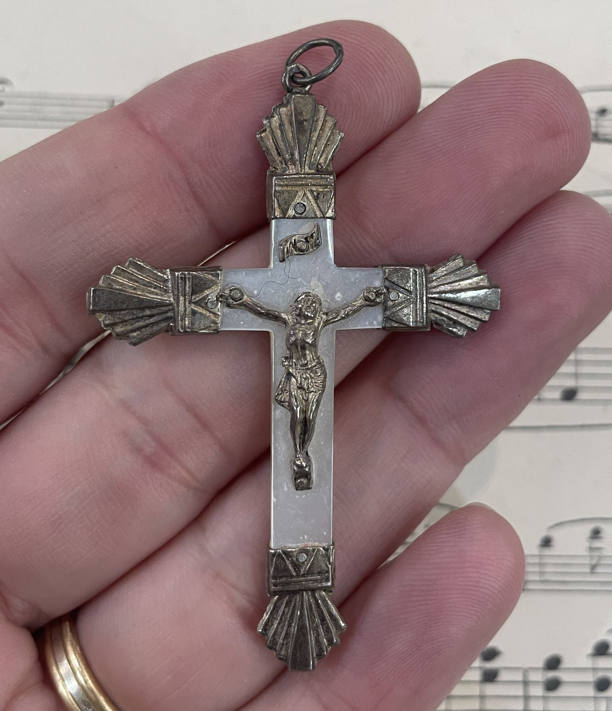 Antique French Sterling Silver Mother of Pearl Cross  Crucifix Pendant c1900