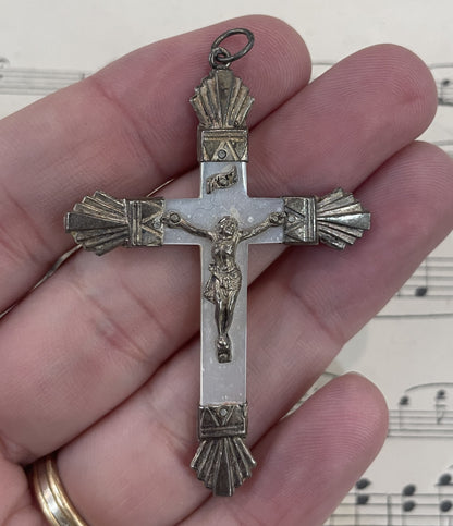 Antique French Sterling Silver Mother of Pearl Cross  Crucifix Pendant c1900