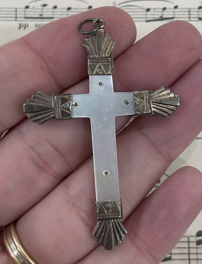 Antique French Sterling Silver Mother of Pearl Cross  Crucifix Pendant c1900