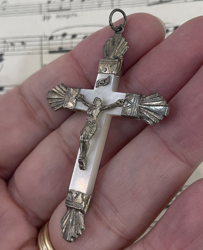 Antique French Sterling Silver Mother of Pearl Cross  Crucifix Pendant c1900