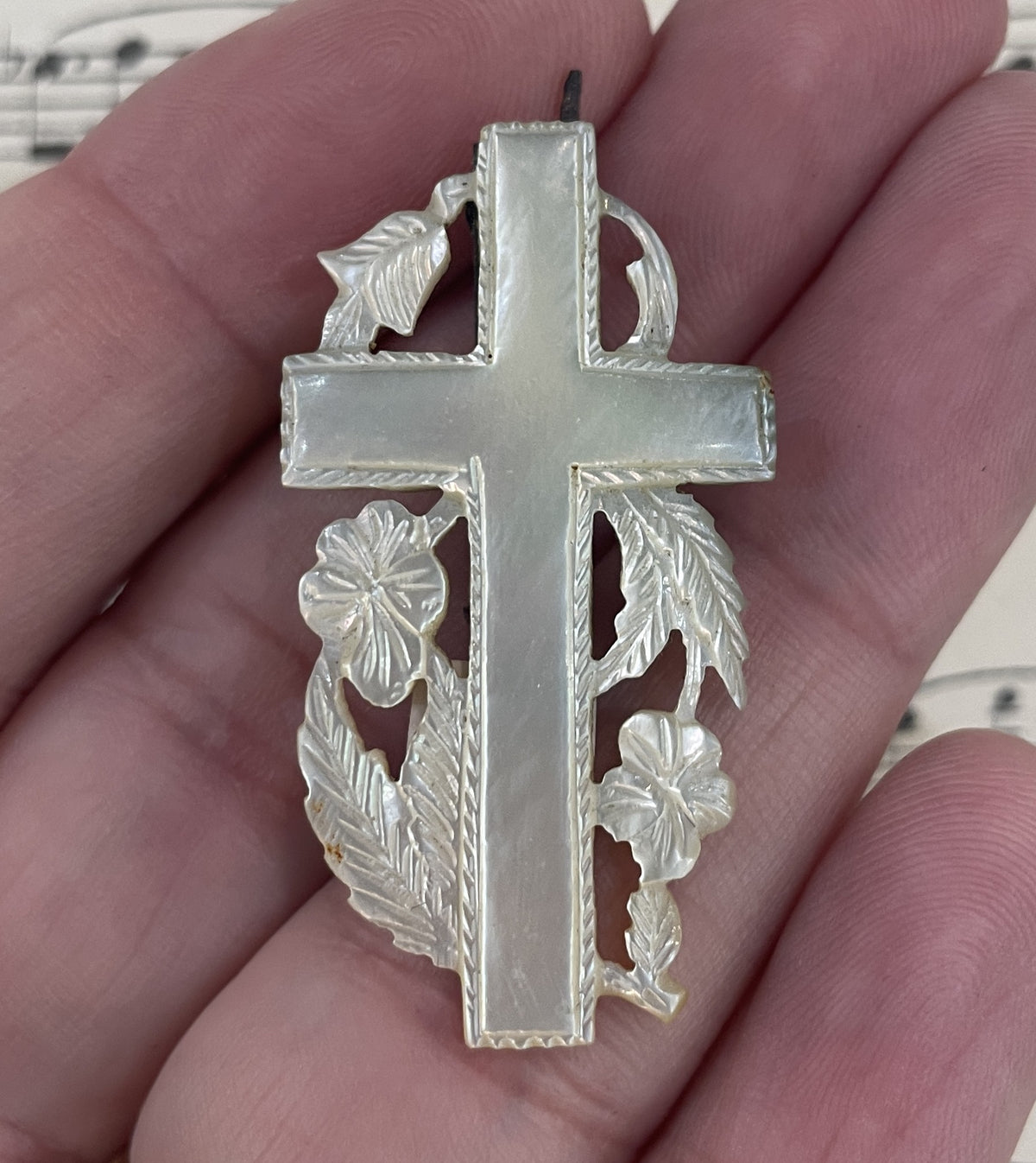 Rare Antique French Mother of Pearl Art Nouveau Cross Brooch c1900