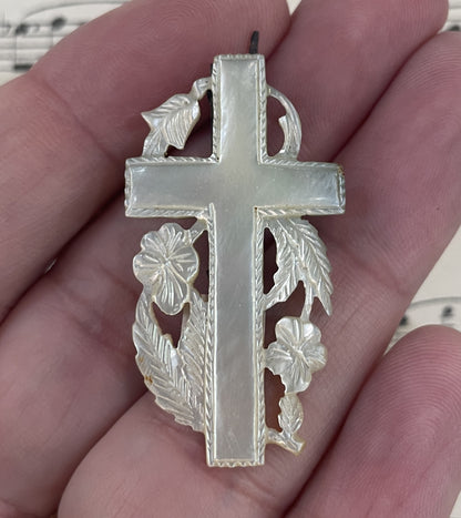 Rare Antique French Mother of Pearl Art Nouveau Cross Brooch c1900