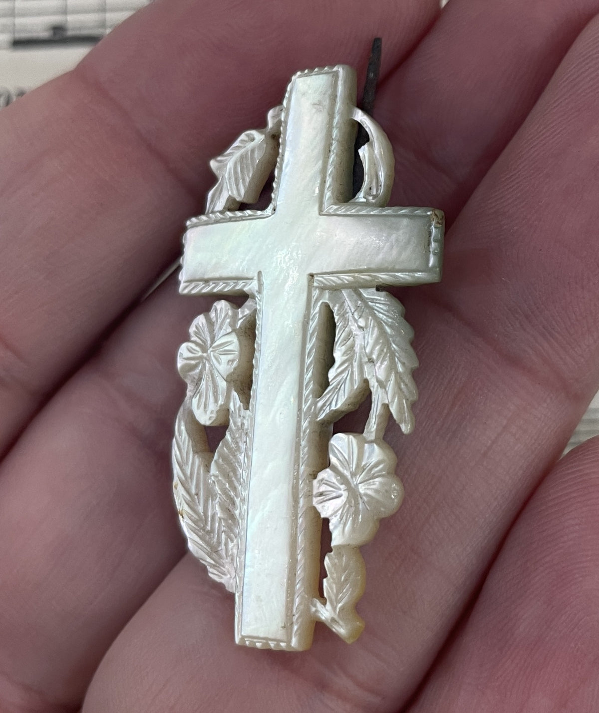 Rare Antique French Mother of Pearl Art Nouveau Cross Brooch c1900