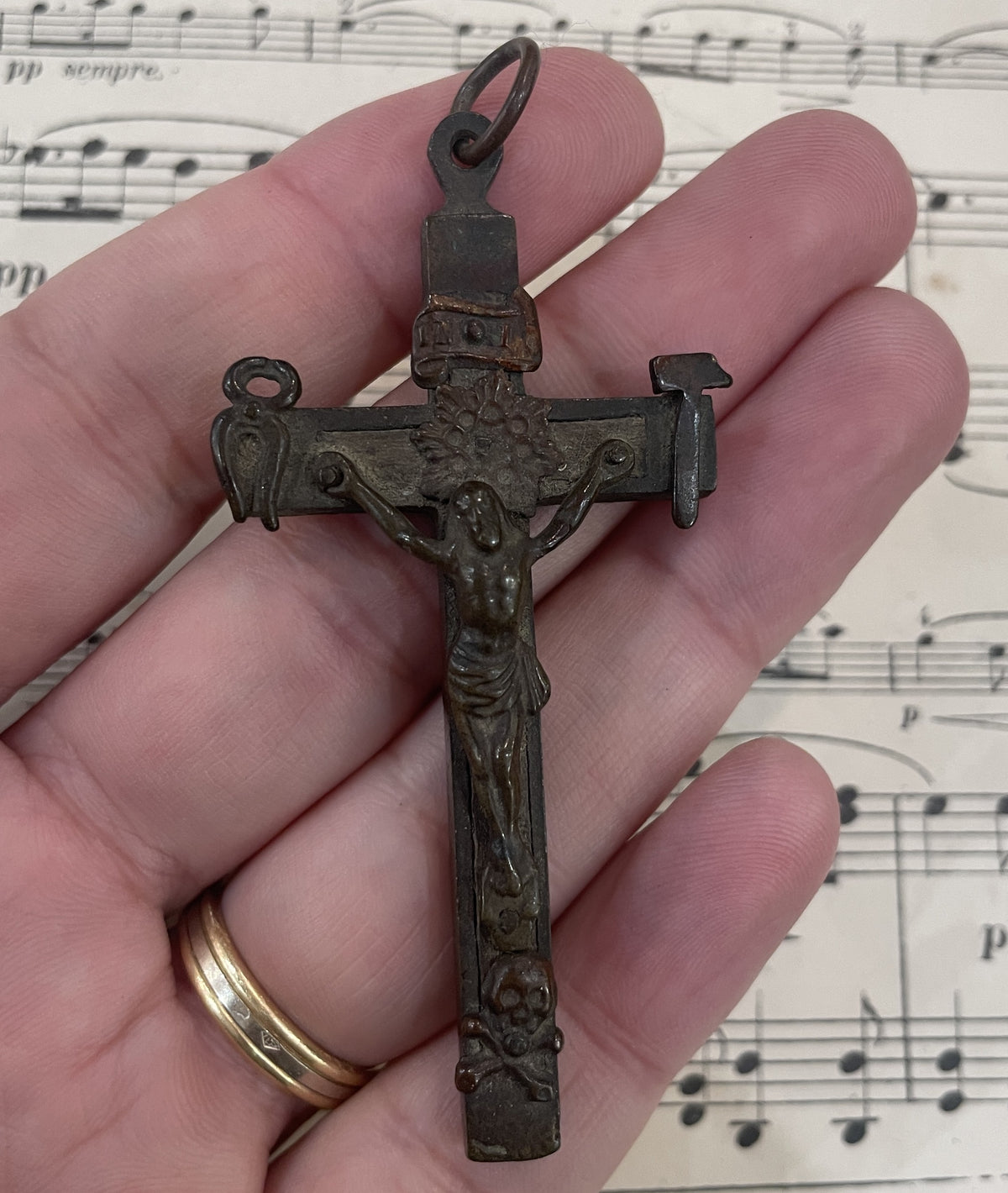Rare Large Antique French Bronze Wooden Cross Crucifix Skull Bone Tools c1880