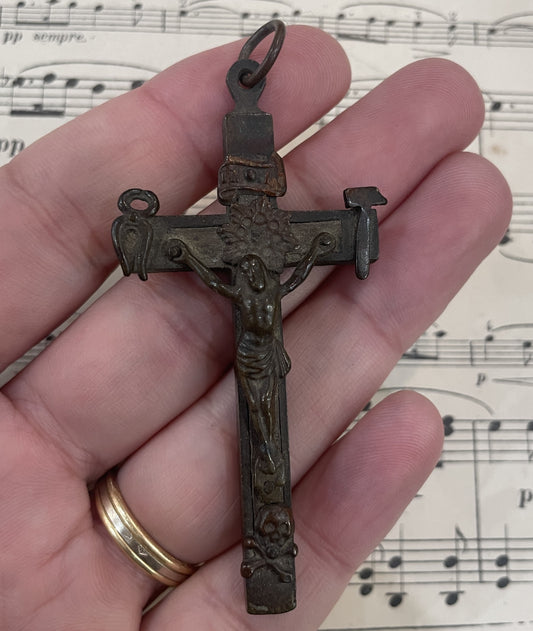 Rare Large Antique French Bronze Wooden Cross Crucifix Skull Bone Tools c1880