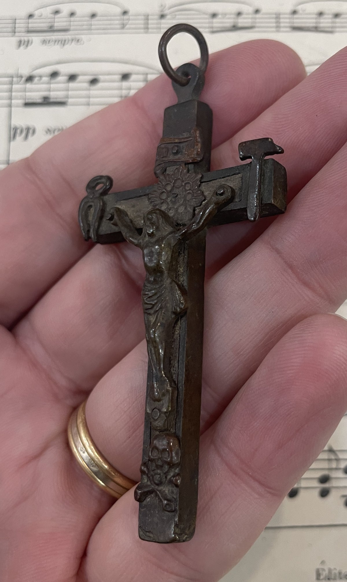 Rare Large Antique French Bronze Wooden Cross Crucifix Skull Bone Tools c1880