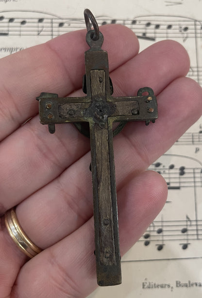 Rare Large Antique French Bronze Wooden Cross Crucifix Skull Bone Tools c1880