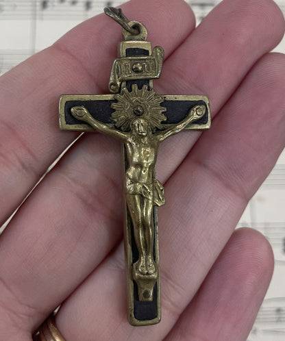 Antique French Bronze Wooden Cross Crucifix c1880