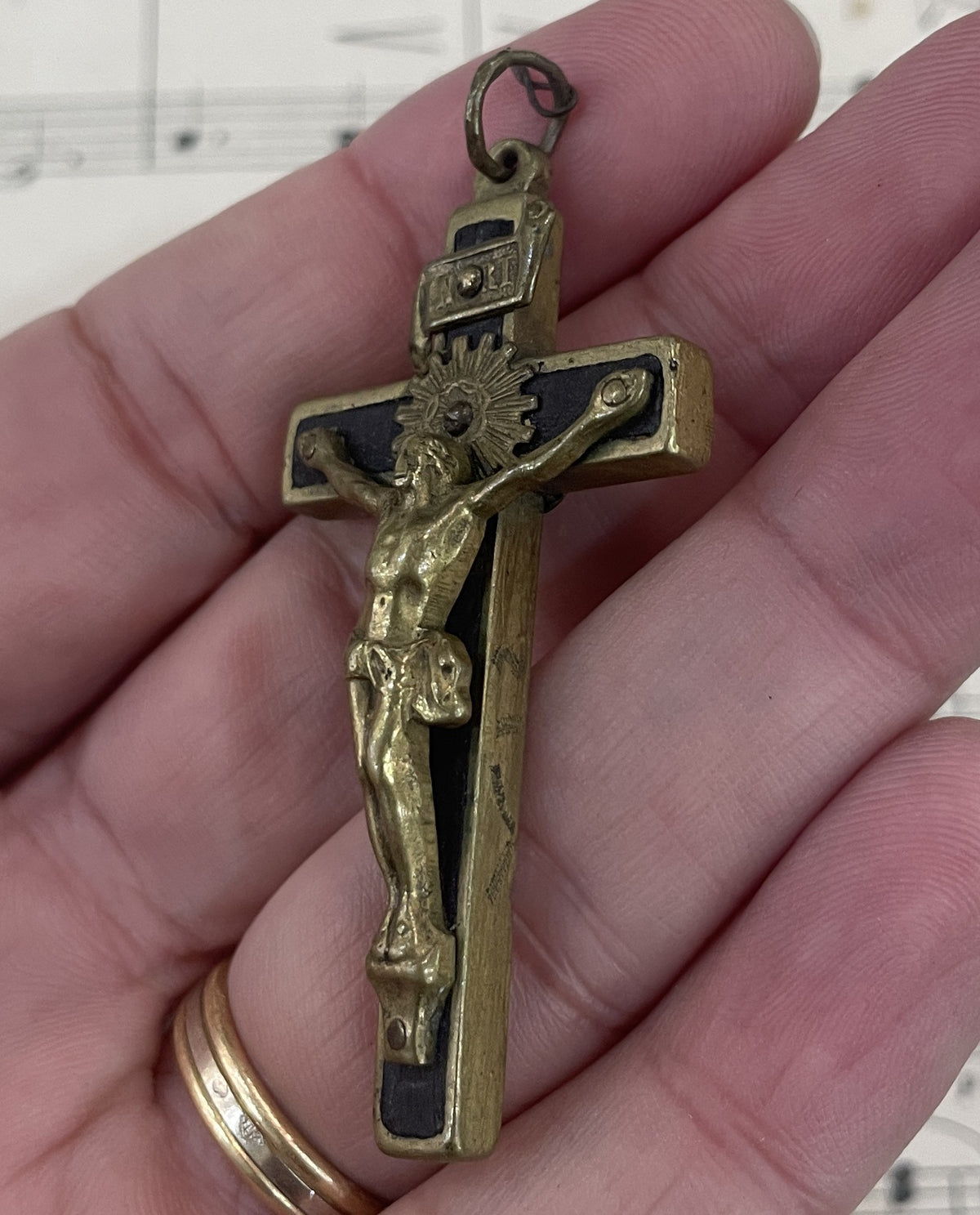 Antique French Bronze Wooden Cross Crucifix c1880