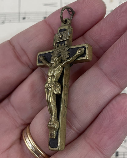 Antique French Bronze Wooden Cross Crucifix c1880