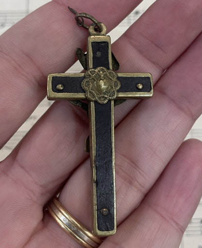 Antique French Bronze Wooden Cross Crucifix c1880