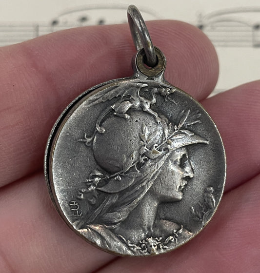 Rare Antique Art Nouveau French Sliding Mirror Pendant Athena Goddess Dragon c1900