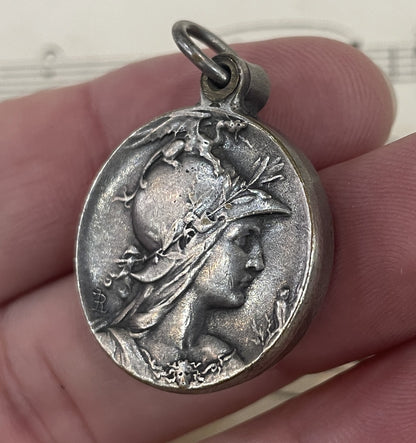 Rare Antique Art Nouveau French Sliding Mirror Pendant Athena Goddess Dragon c1900