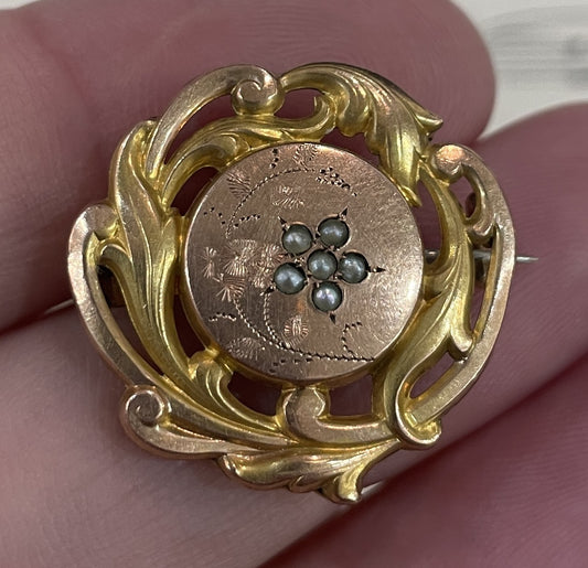Antique French Art Nouveau Gold-Filled Brooch Pendant Pearls c1900