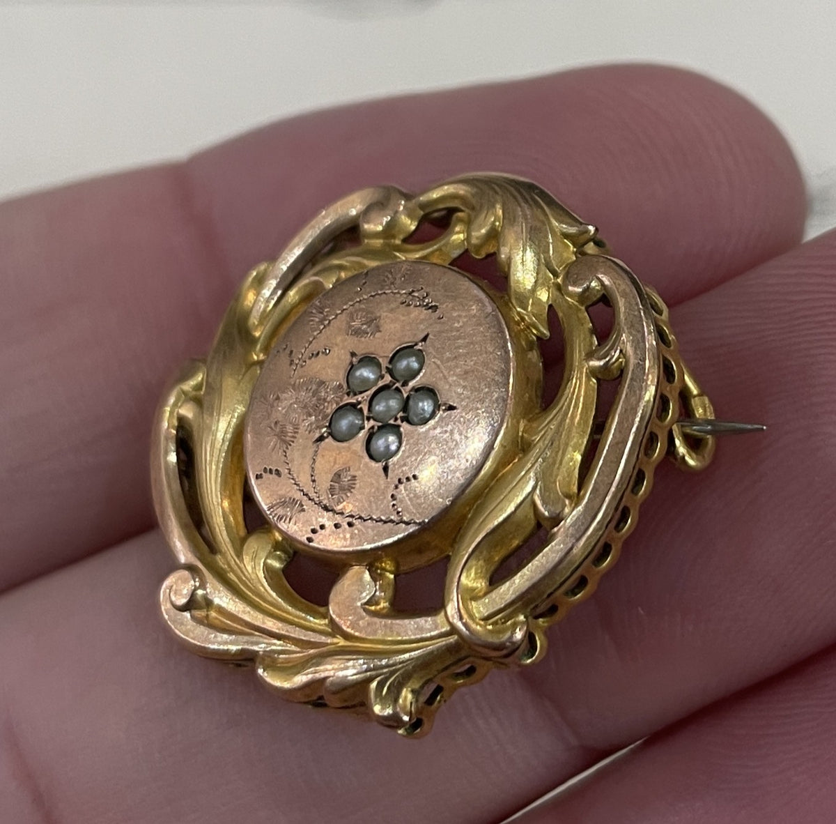Antique French Art Nouveau Gold-Filled Brooch Pendant Pearls c1900