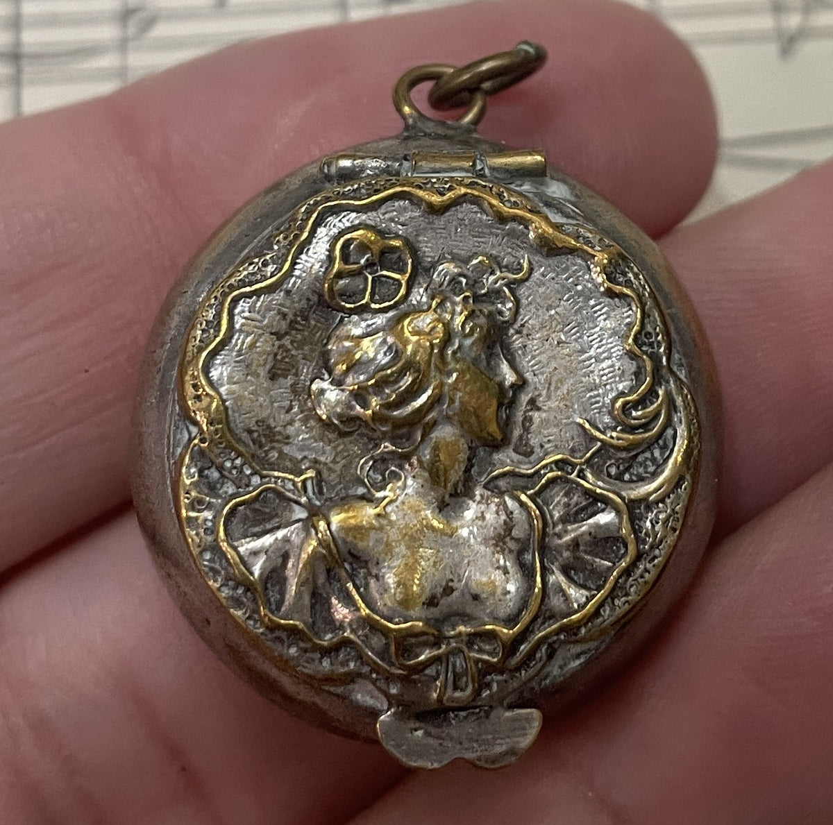 Antique French Art Nouveau Pill Box Powder Puff with Mirror Woman c1900