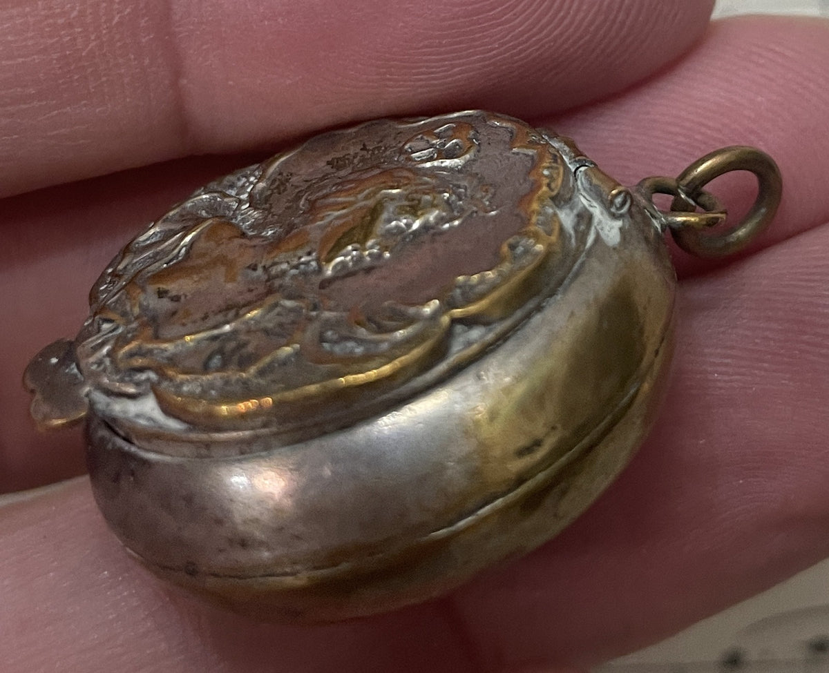 Antique French Art Nouveau Pill Box Powder Puff with Mirror Woman c1900