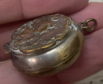 Antique French Art Nouveau Pill Box Powder Puff with Mirror Woman c1900