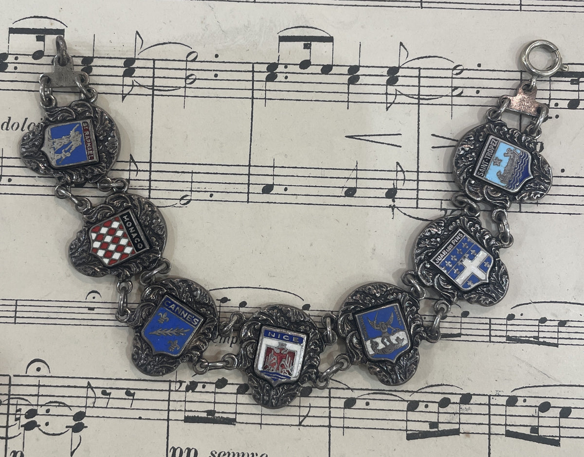 Antique French Provence South of France Cities Shields Enameled Bracelet Augis c1940