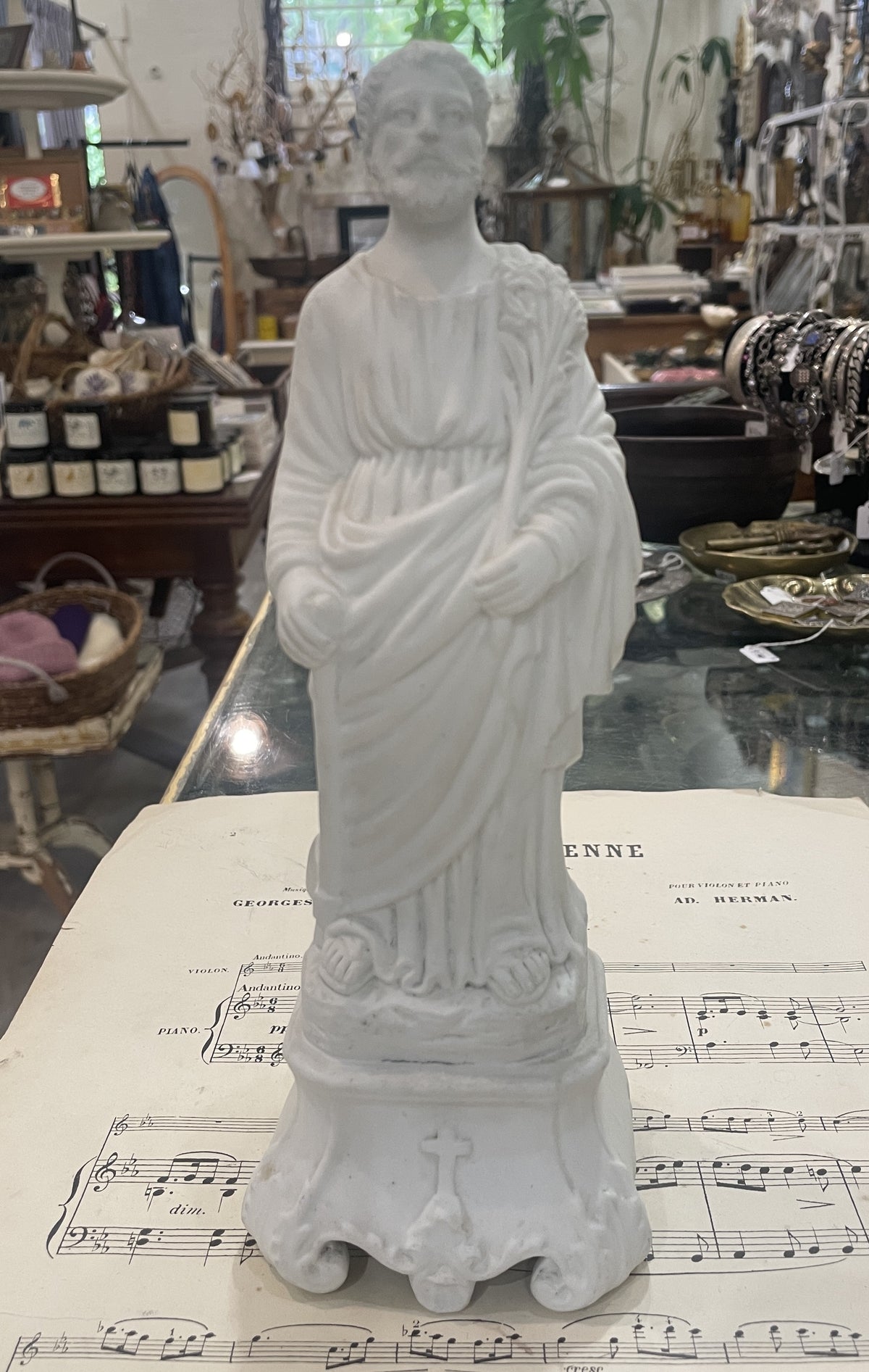 Rare Antique French St Joseph Biscuit Porcelain Statue Lily Axe c1920